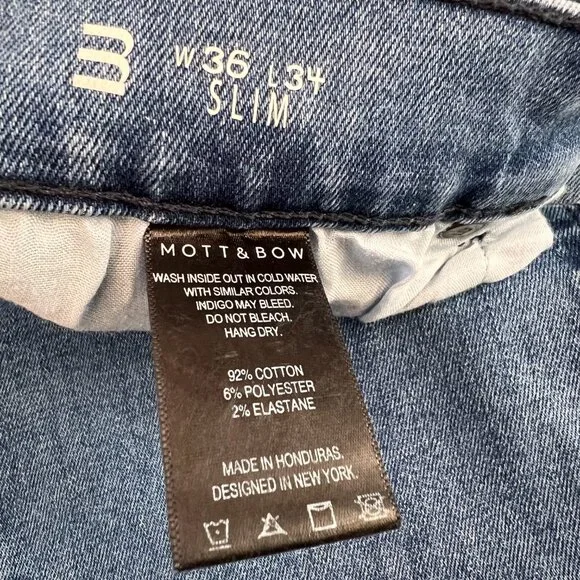 Mott & Bow Jean Men 36 Slim Zip Up Mid Rise 34x31 Denim Casual Work Party Core